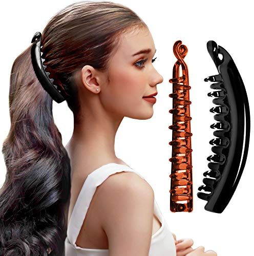 RC ROCHE 2 Stück Bananenspange Haare Banana Clip, Groß Schwarz-Braun | Bananenklammer, Mehr Volumen, Starker Griff, für Dickes und Dünnes Haar, Hochstecken, Halboffene Frisuren, Arbeit, Alltag