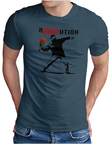 OM3® Camiseta Love Stencil Banksy para hombre – R-Love-UTION Urban Street Art Revolution – S – 5XL, Denim (#1404), XL