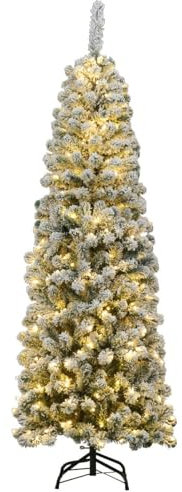 COSTWAY 135/180/225cm Bleistift Weihnachtsbaum mit Schnee und warmweißen LED-Leuchten, künstlicher Tannenbaum mit Metallständer, Christbaum PVC Nadeln, Kunstbaum Weihnachten Klappsystem Grün (180cm)