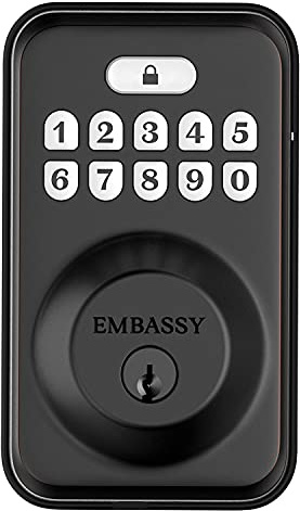Embassy Cerradura de puerta electrónica sin llave con teclado iluminado antimicrobiano, cerradura de seguridad con 20 códigos de usuario, bloqueo automático y 1 botón, puerta delantera, garaje u