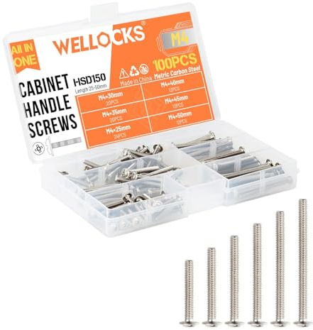 WELLOCKS Cabinet Pulls Knobs Screws M4 25-50mm 100 PCS Assortment Machine Screws Pan Washer Head Metal Phillips Screws Kit for Cabinet Drawer Cupboard Closet Handles Install(D150)