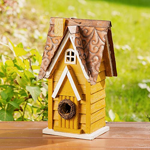 Glitzhome GH90085 - Casa de pájaros Colgante de Madera Envejecida para jardín, Color Amarillo