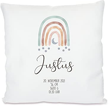 Manufaktur Liebevoll Kinderkissen mit Regenbogenmotiv - personalisiertes Kissen mit Namen (Motiv Justus mit Geburtsdaten)