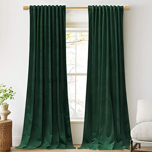 StangH Dark Green Curtains Velvet for Bedroom, Christmas Home Decoration Back Tab Rod Pocket Thermal Blackout Drapes for Villa Hall Sliding Door, Privacy Room Dividers, W52 x L108, 2 Panels