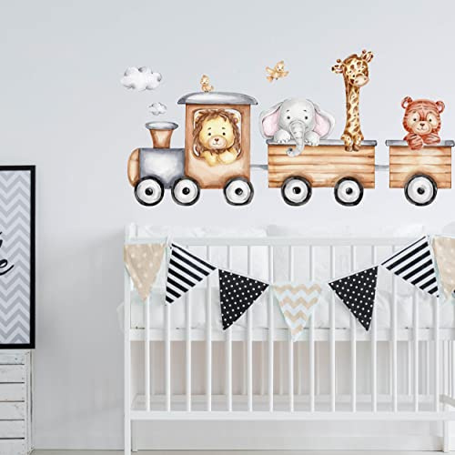 WANDKIND Noah's Zug V314 Eisenbahn mit Tiere aus Afrika Wandtattoo | handgezeichnet | AUFKLEBER Kindergarten | Wandsticker Kinderzimmer Deko Klebefolie Löwe Elefant Giraffe Tiger (75 x 35 cm)