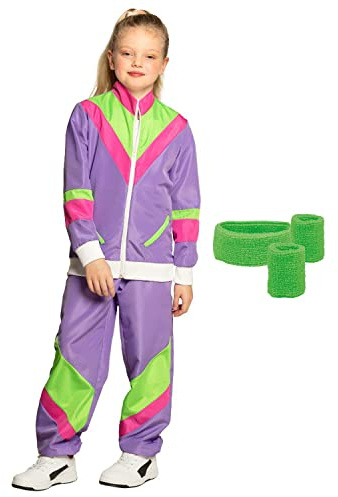 Boland - Trainingsset für Kinder, lila-grün, 80er Jahre Trainingsanzug und 3-teiliges Schweißband-Set, Bad Taste, Kostüm, Karneval, Mottoparty