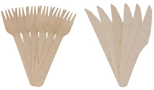 EPISENT Disposable Wooden Fork & Knife, Biodegradable Compostable Cutlery – Plastic-Free, Durable Birchwood Fork & Knife for Parties, Travelling and Everyday Use (Fork – 𝟏𝟎𝟎pcs & Knife – 𝟏𝟎𝟎pcs)