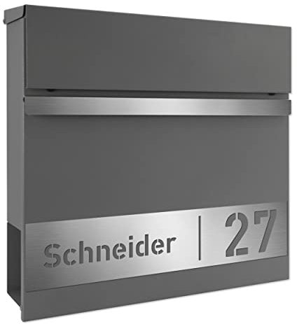 Albers Design Briefkasten Grau Edelstahl [WASSERDICHT] - Briefkasten mit Name in Eisenglimmer - Wandbriefkasten mit Namensschild Postkasten Grau (Made in Germany) briefkasten mit Hausnummer