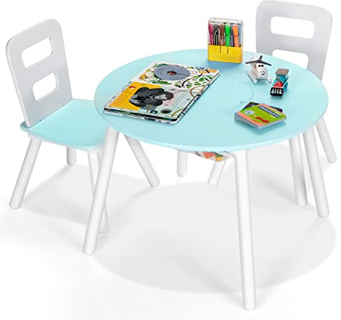 LIFEZEAL Kindertisch mit Stuhl, Kindersitzgruppe mit Maltisch & Stauraum, Kinder Tisch Stuhl Set, Kindermöbel mit Runden Ecken, Kinder Tischgruppe für Kinderzimmer & Kindergärten (blau) (grün)