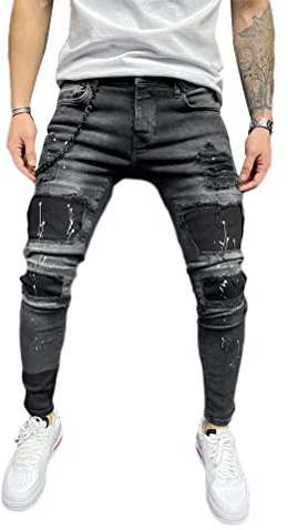 Osheoiso Jean Troué Homme Skinny Casual Slim Fit Pantalon Denim Styles Déchiré Sport Trousers avec Fermeture Éclair Casual Pants Trekking Outdoor Cargo Vintage A1 Noir L