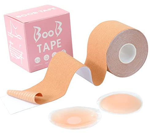 Sularpek Boob Tape, 5M Extra-Long Roll, with 2 Pcs Reusable Nipple Covers, Beige, Adhesive Strapless Breast Lift Tape for A-G Cup