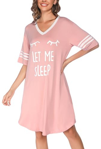 Vlazom Women's Nightdresses Soft Boyfriend V Neck Sleep Shirt Short Sleeves Nightshirt Oversized Nightgown Loungwear Sleepwear, Y-Rose Pink,M