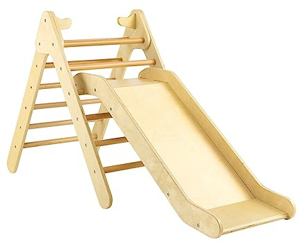 LIFEZEAL Ensemble d'escalade 2 en 1 avec Toboggan pour Enfants, Triangle d'escalade en Bois Réglable, Jouet Escalade Stable pour Enfants 1 an+, Charge de 60 kg (Naturel)