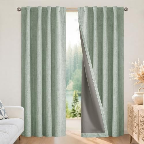 Joydeco 100% Blickdichte Vorhänge mit Schlaufen Verdeckten Leinenoptik, Verdunkelungsvorhang Stangendurchzug Gardinen Thermovorhang Leinen Hitzeschutz für Wohnzimmer