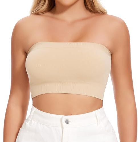 Joyshaper Damen Nahtlos Bandeau BH ohne Bügel Trägerloser Push Up Bustier Crop Top Schulterfrei Tube Bauchfrei Kurz Oberteil Shirt Beige L