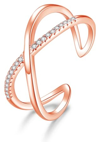 Bewenda Silber Ringe für Damen, 925 Sterling Silber Verlobungsring Eheringe Band Ring, Verstellbar Stapelbare X-Form Ring mit Zirkonia, Rosegold Minimalistischer Daumenring für Liebe Braut Freund