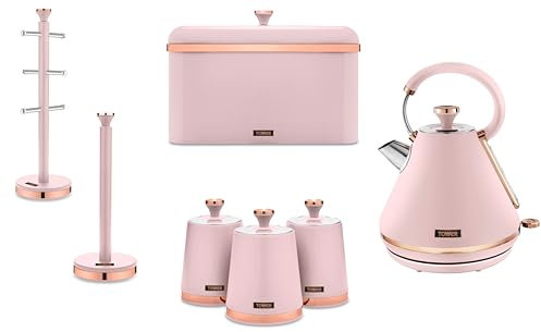 Tower Cavaletto Pink Pyramid Kettle, Bread Bin, Set of 3 Canisters, Mug Tree & Towel Pole. Matching Set of 7 Kitchen Items in Pink & Rose Gold