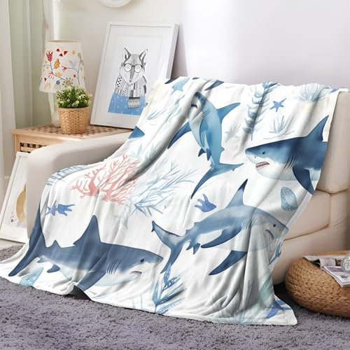 Decke Sofa Kuscheldecke Blau, Cartoon Tierdruck Hai warm Sherpa Sofaüberwurf Decke, Flanell Flauschig Kuscheldecke, 200x200 cm Überwurf Wohndecke für Couch