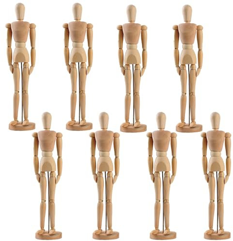 8 x Künstlerpuppe aus Holz, mit Gelenken, Zeichenfigur, Modell, 14 cm, Holzpuppe, Künstlerpuppe mit Ständer zum Zeichnen oder als Schreibtisch-Dekoration