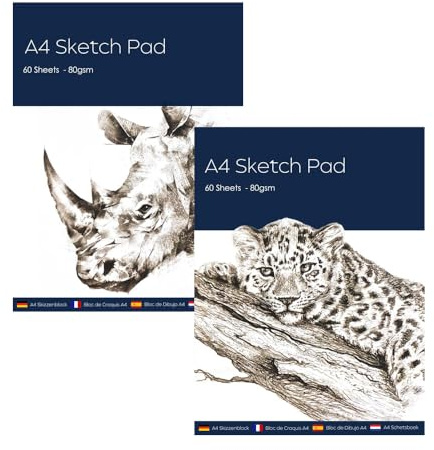 Sixstore A4 Skizzenblock für Künstler, Zeichenpapier, 2 Stück Kunst Skizzenbuch, Perfekt zum Malen, Zeichnen und Skizzieren, 80 GSM weißes Papier, 60 Blatt