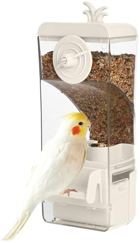 Mangiatoia per Uccelli, Alimentatore Automatico per Gabbie con Trespolo per Piccoli Volatili Parrocchetto, Canarino, Calopsitta, Fringuello (Bianco)