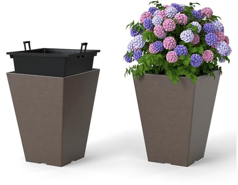 TANGZON Square Planter Set of 2, Tall Flower Pots with Drainage Holes & Removable Inner Container, Indoor Outdoor Flower Plant Pot Garden Decor (35 cm Tall)