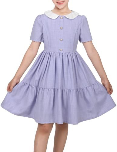 Sunny Fashion Robe Fille Lilas Col Blanc Perle Arc Plissé Court Décontractée Prêt Fille École 12 Ans