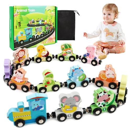 Yooyan 12 stuckaturs Montessori leksak, magnetiskt djur trätåg träleksak med siffror, träleksak baby motorikleksak barnleksaker, djur digital tåg, för pedagogiska pedagogiska leksaker