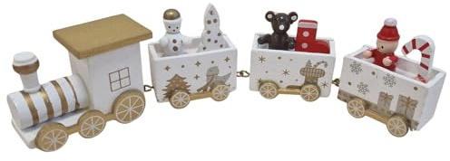 Logbuch-Verlag Train de Noël en Bois Blanc et doré, 4 pièces: décoration élégante avec Figurines Père Noël, Bonhomme de Neige, Ours et Sapin, Ornement Hivernal, 21 cm