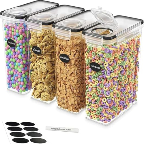 Panzy Cereal Storage Containers – Airtight Food Grade Plastic Dispensers with Lids, BPA-Free Kitchen Storage for Cereal, Flour, Sugar & Dry Foods, Includes Labels & Marker (4)