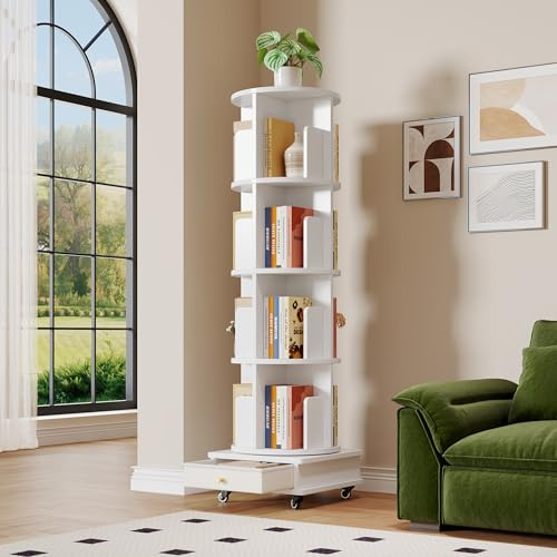 Ztexkee Scaffale girevole a 4 ripiani, girevole a 360° Libreria mobile con 4 ruote Scaffale con 1 cassetto per soggiorno, camera da letto, studio, ufficio, bianco