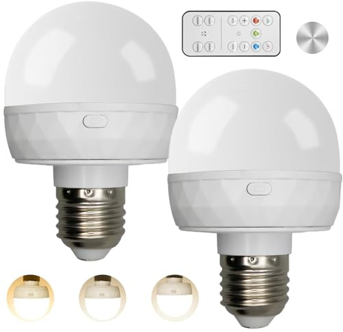 AXVRAV Paquete de 2 bombillas de batería E27 con mando a distancia, bombilla recargable USB magnética con interruptor, 3 colores regulable, blanco cálido, bombilla LED con batería, batería extraíble