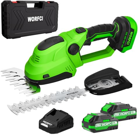 WORFCI Mini Hedge Trimmer, Cordless Bush Trimmer, 2-in-1 Handheld Electric Grass Trimmer Hedge Shears/Grass Cutter with 2pack Battery and Charger (WHT22)