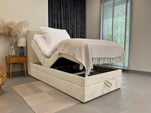 TRADA Boxspringbett 100 x 200 cm, Elektrische Bett mit Matratze, Beige | SORRENTO, Bett mit Kopfteil, Topper und Bettkasten, Stoffbezug Veloursstoff