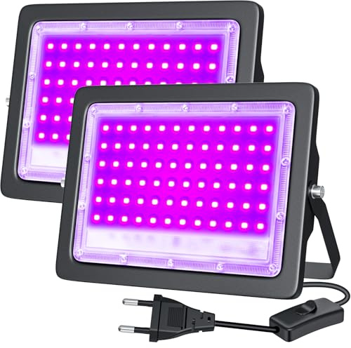TOPBOS 2 x UV-strålkastare 50 W 385–400 nm IP66 vattentät svart ljusprojektor med uttag och strömbrytare, svart nattlampa för halloweenfest, scenbelysning, 2 stycken