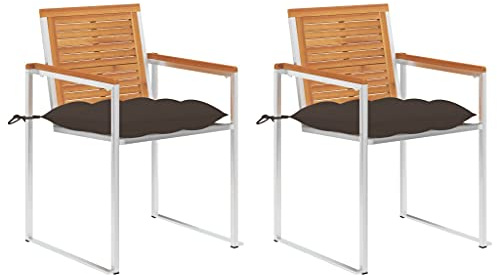 SKTQYQO Gartenstühle 2 Stück mit taupegrauen Kissen aus massivem Akazienholz und Edelstahl 304, für Außenbereich, Terrasse und Entspannung, bequem und leicht zu reinigen, Set