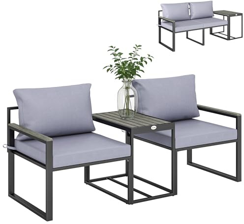 Outsunny Salon de Jardin 3 pièces Coussins 14 cm 2 fauteuils Balcon Gris