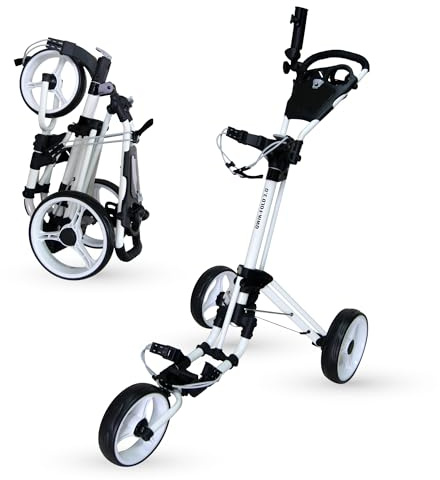 Qwik-Fold 3-Wheel Golf Push Cart with Foot Brake – 1-Second Fold & Unfold Trolley, Lightweight Aluminum Frame, Adjustable Handle, Smooth Ball-Bearing Wheels, Umbrella Holder & Storage - White