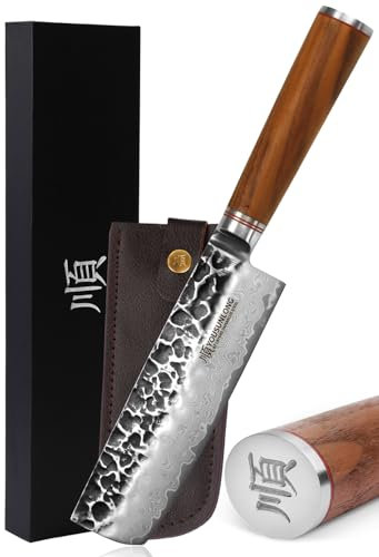 YOUSUNLONG Coltello Nakiri - Coltello asiatico 170mm - Lama in acciaio damasco martellato giapponese - Manico in noce americano naturale