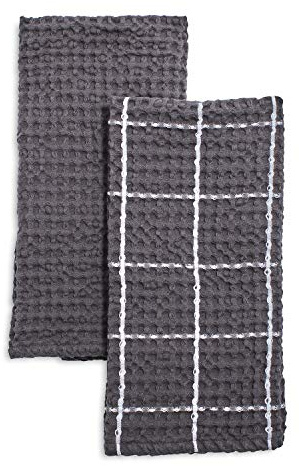Sur La Table Washed Waffle Kitchen Towels – Set of 2 Ultra-Absorbent 28 x 20 Cotton Dish Towels with Soft Textured Weave, Non-Scratch, Machine Washable for Everyday Use, Charcoal
