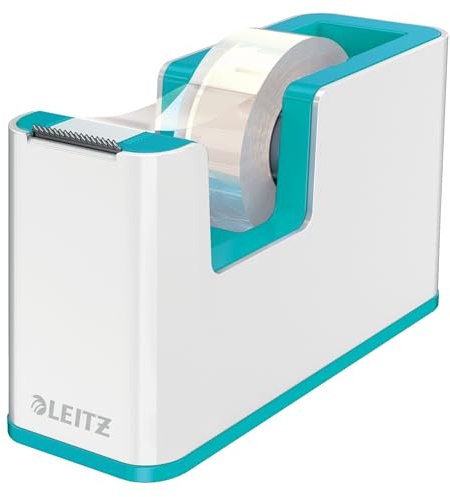 Leitz WOW Klebeband-Tischabroller Duo Colour inkl. Klebeband, Weiß/Eisblau | Stabiler, schwerer Klebebandspender, komfortable Bedienung mit einer Hand, sauberer Schnitt, 25 mm Kerndurchmesser, 53641051