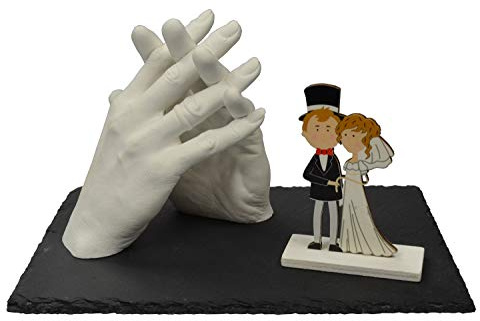 Lucky Hands Family & Wedding Abformset Duo mit XXL-Abformbehälter | 3D Handabdruck Set DIY für 2 Erwachsenenhände | Gipsabdruck für Hochzeit (inkl. Schiefersockel 20 x 30 cm | Holzpaar)