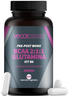 Suplemento Deportivo Pre y Post Workout | BCAA 2:1:1 + Glutamina + Vitamina B6 | 200 Cápsulas Vegetales | Contribuye al Crecimiento y la Recuperación Muscular | Complemento Alimenticio