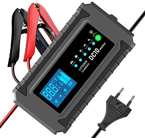 Caricabatterie intelligente 12 V/24 V 10 A, caricatore batteria mantenimento e riparazione automatica funzione portatile con display LCD, per auto moto camion AGM, gel, Wet, SLA(8-100 AH) (nero)