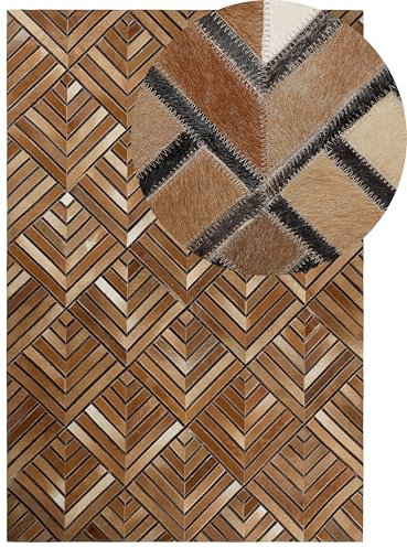 Alfombra de piel de vaca piezas de cuero marrón 140 x 200 cm patrón geométrico de diamantes Tekir