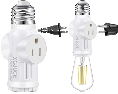 3 Prong Light Socket to Plug Adapter,E26 Outdoor Light with Outlet,E27 Light Bulb to 2/3 Prong Outlet Plug Splitter Converter for Garage Porch CCTV Camera (1, White)