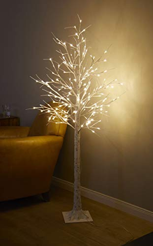 Arbre lumineux, à LED blanc chaud, aspect bouleau, avec minuterie, câble d'alimentation de 10 m, pour intérieur et extérieur, blanc/noir, hauteur : 180 cm, 200 LEDs