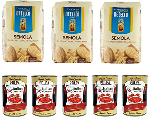Paquete de prueba de sémola de trigo duro - Semola di Grano Duro De Cecco 3 x 1 kg y Polpa di pomodoro pasta de tomate finamente picada 5 x 400 g