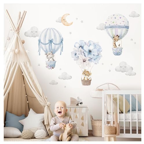 DEKO KINDERZIMMER Wandsticker Safaritiere im Heißluftballon Kinderzimmer Wandtattoo Giraffe Löwe Wandaufkleber Wolken Sterne Babyzimmer Wanddeko DK1059-4