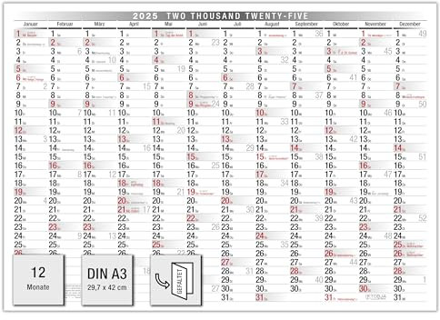 TOBJA Wandkalender 2026 A3 - Übersichtlicher Kalender 2026 mit Feiertagen und Wochennummern. Jahreskalender 2026 DIN A3 30 x 42 cm